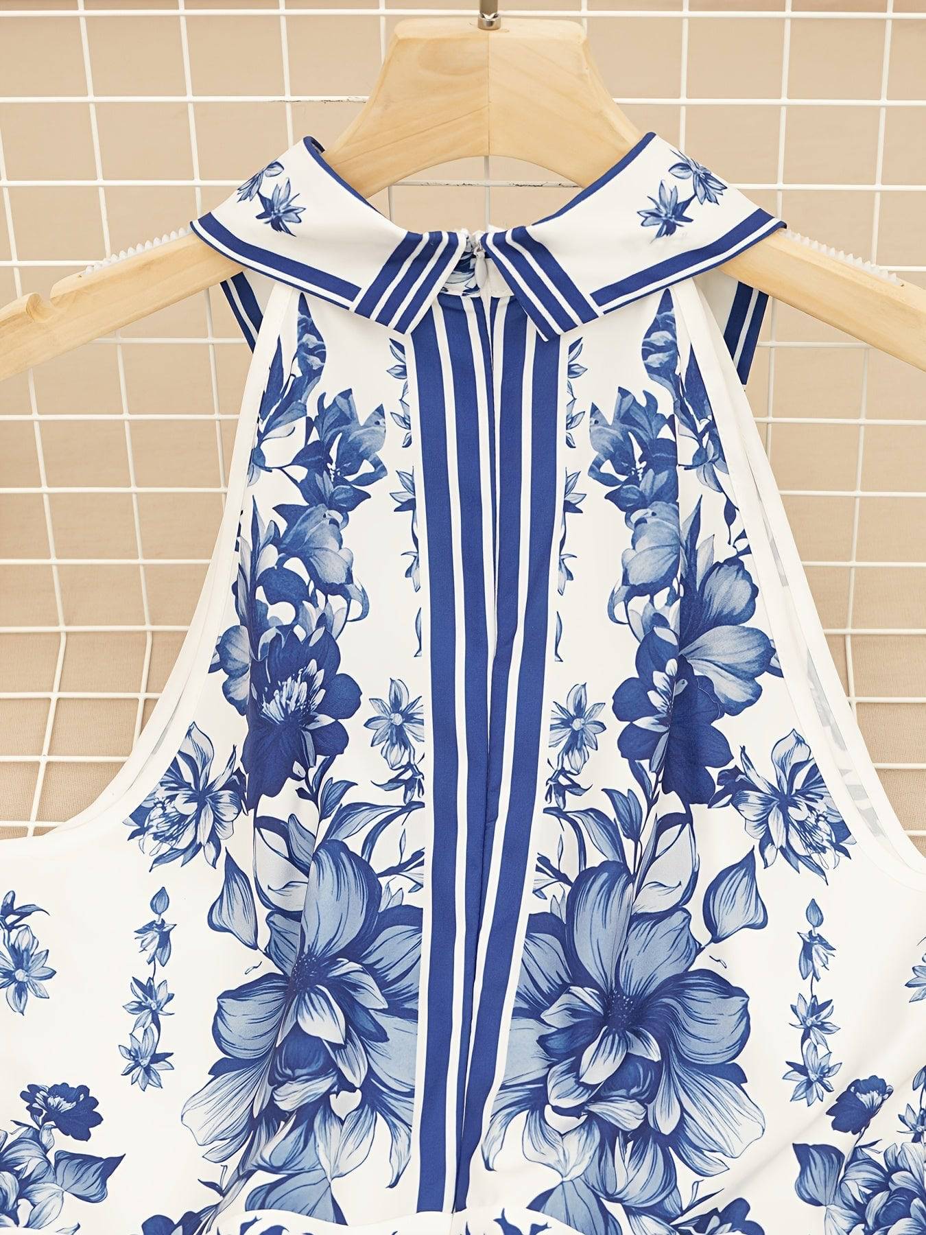 VougeVamp Women's Blue & White Porcelain Halter Dress – Elegant Waist-Cinching A-Line for Spring & Summer