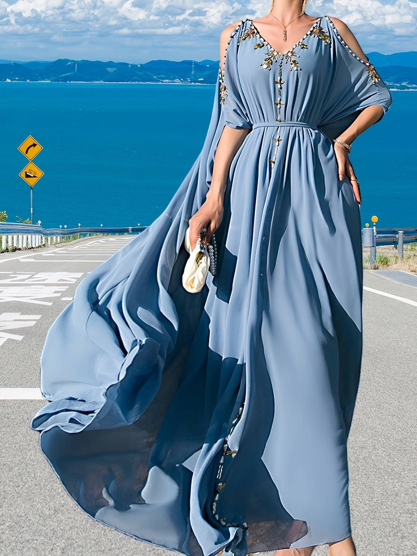 VougeVamp Elegant Off-Shoulder Maxi Dress with Handcrafted Pearl Embellishments and Flounce Sleeves