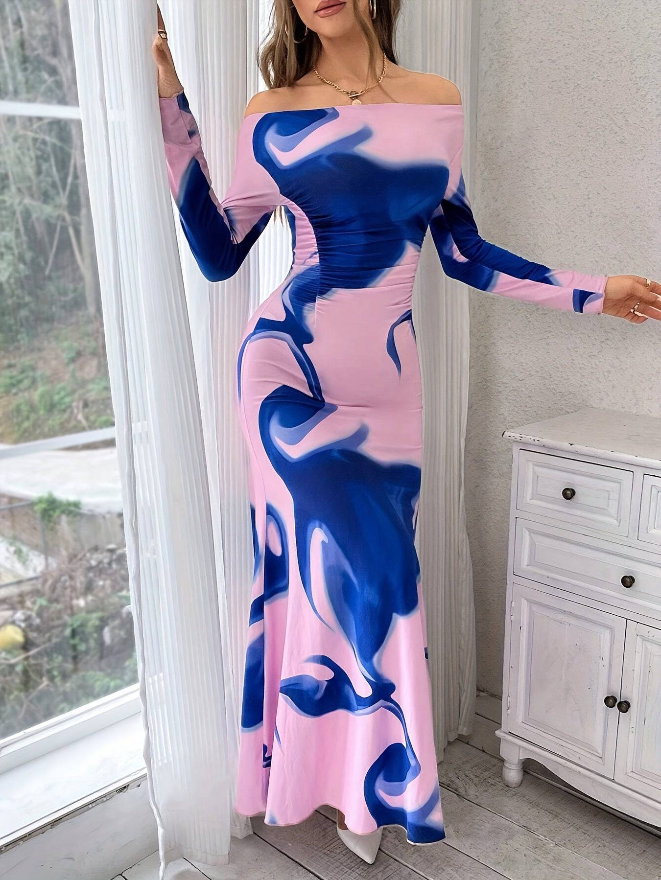 VougeVamp Off-Shoulder Camo Print Maxi Dress – Chic Ruched Waist Mermaid Gown for Spring & Fall - VougeVampUK