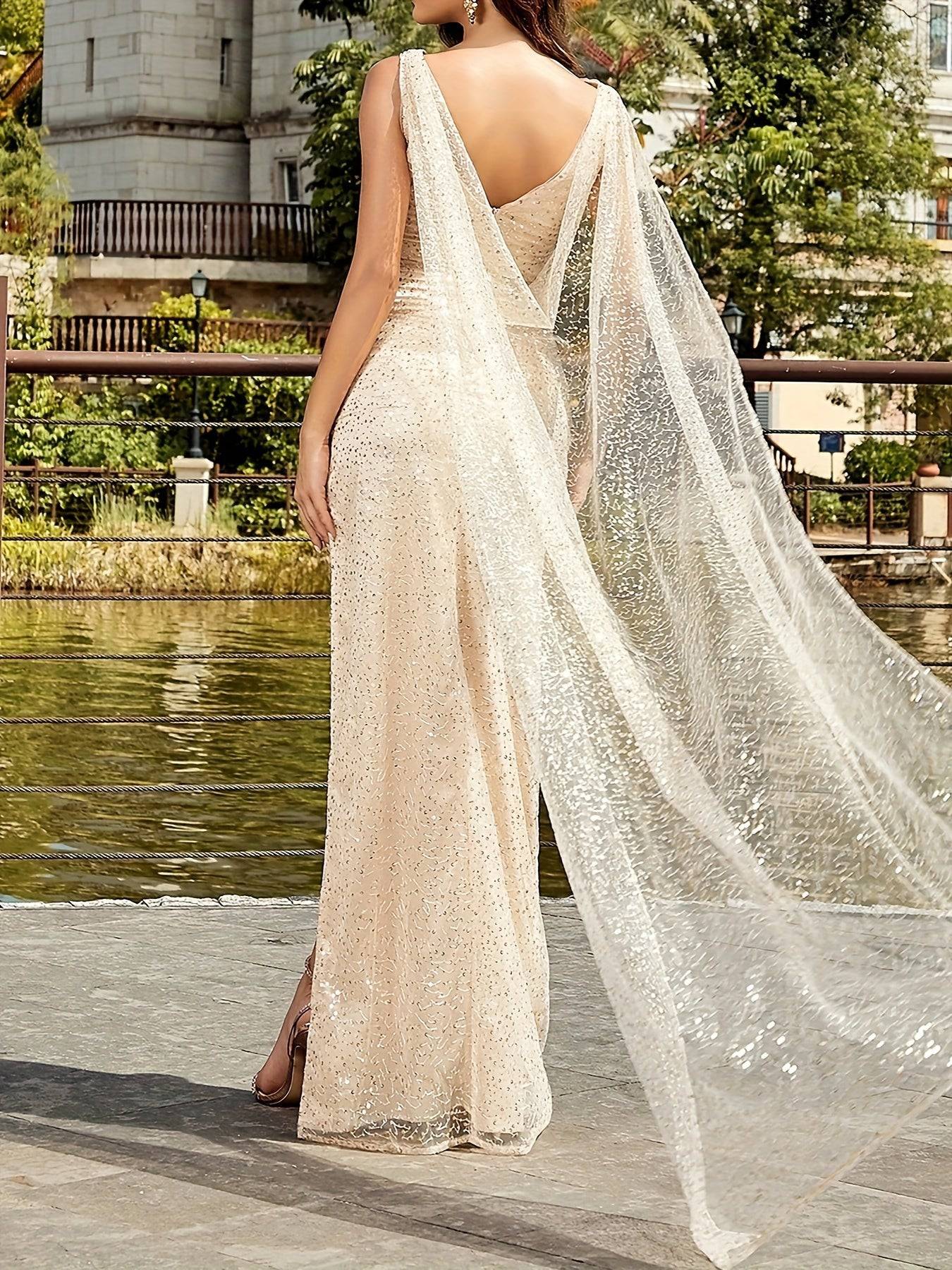 VougeVamp Elegant V-Neck Wedding Gown – Lace Detail Bridal Dress with Zipper Closure