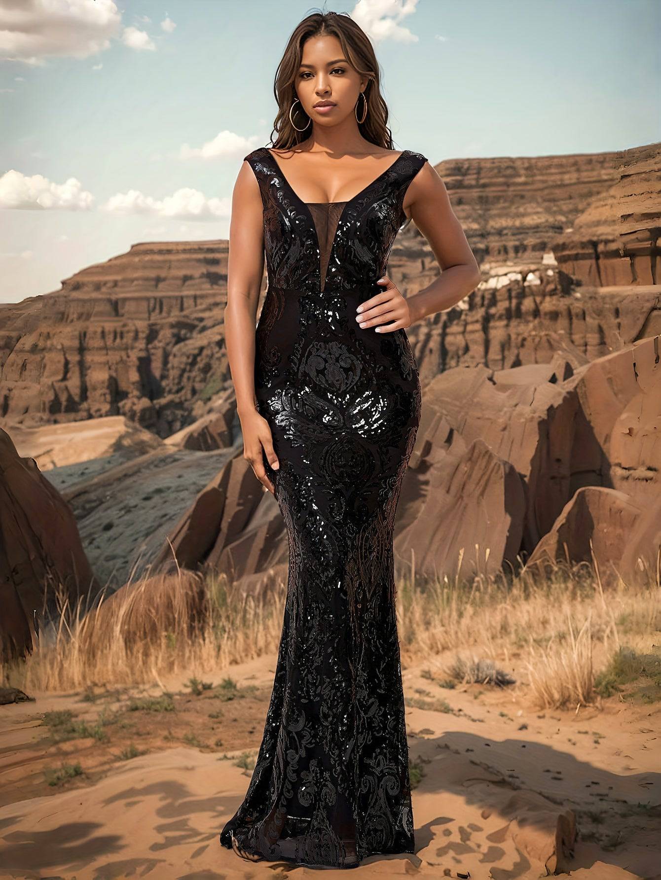 Elegant Black Sequin Mermaid Dress – V-Neck, Sleeveless Bodycon Gown with Geometric Pattern - VougeVampUK