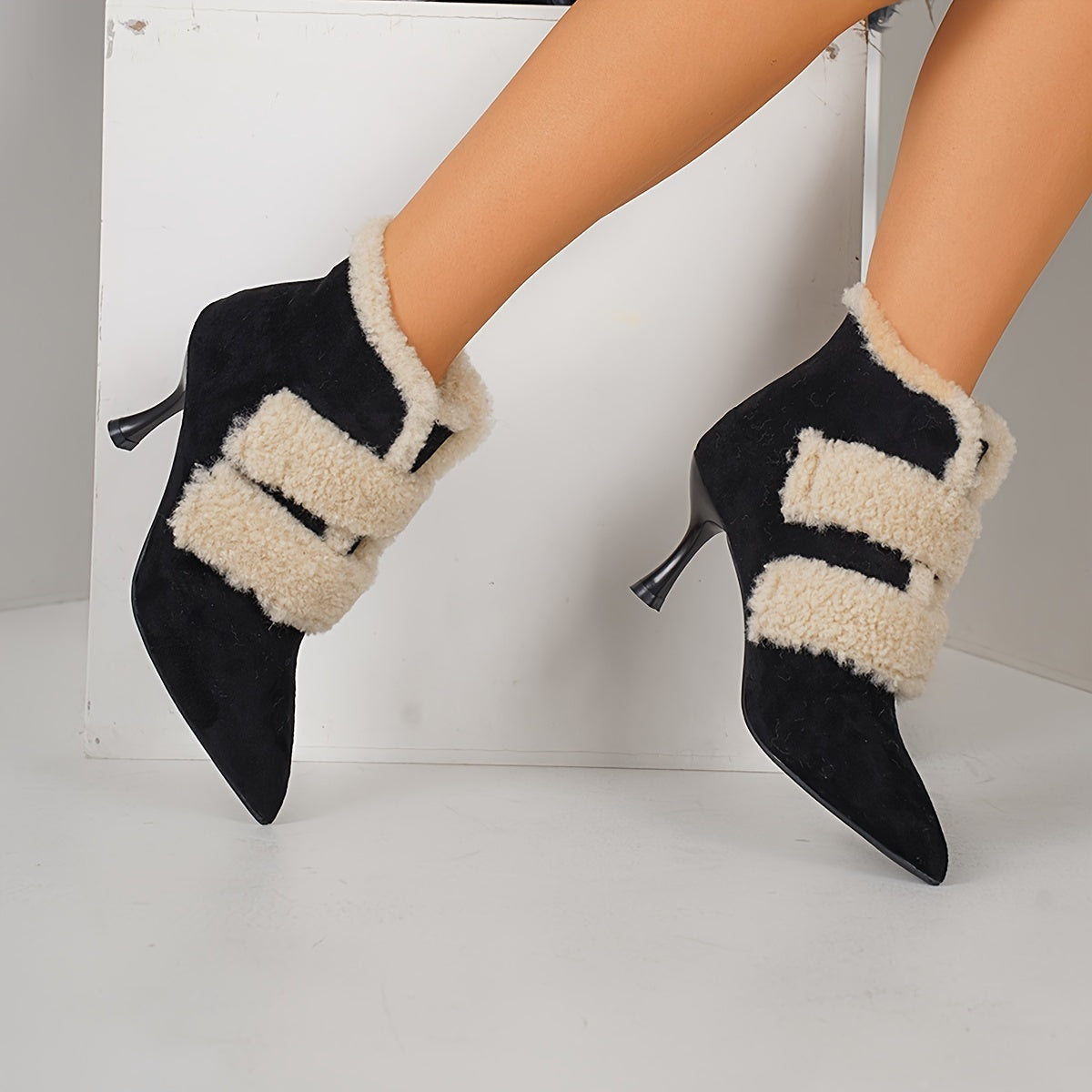 VougeVamp Women's Elegant Stiletto Heel Short Boots – Warm Velvet-Lined Ankle Booties - VougeVampUK