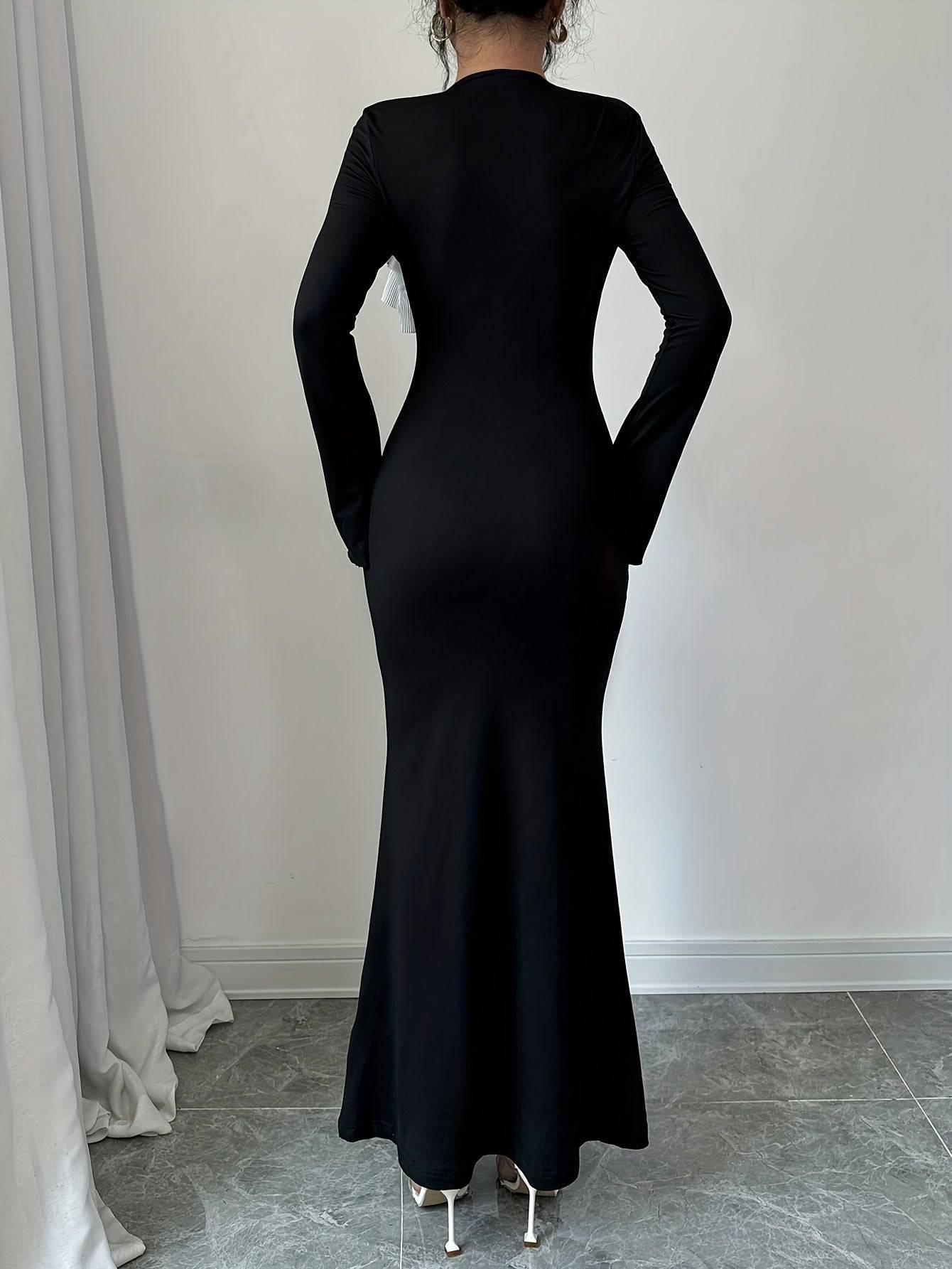 VougeVamp Elegant Long Sleeve Bodycon Dress – 3D Flower Applique Party Dress for All Seasons