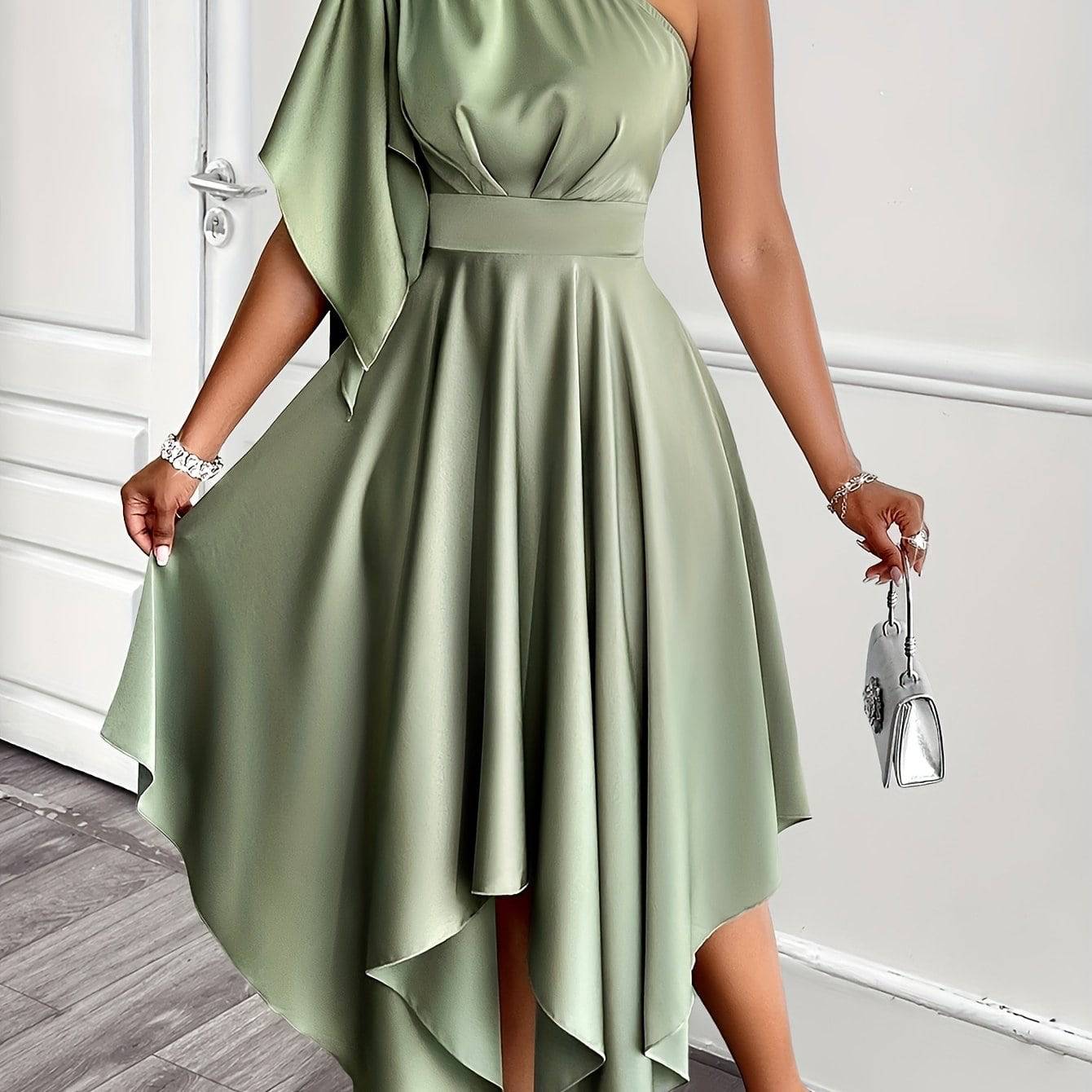 VougeVamp Mint Green Satin Maxi Dress – One-Shoulder A-Line Gown with Ruffle Sleeves & Tie Waist
