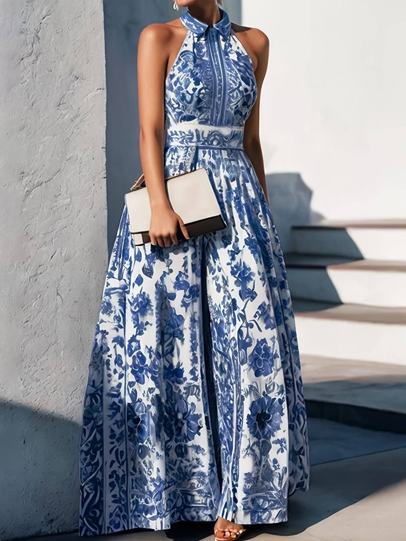 VougeVamp Women's Blue & White Porcelain Halter Dress – Elegant Waist-Cinching A-Line for Spring & Summer