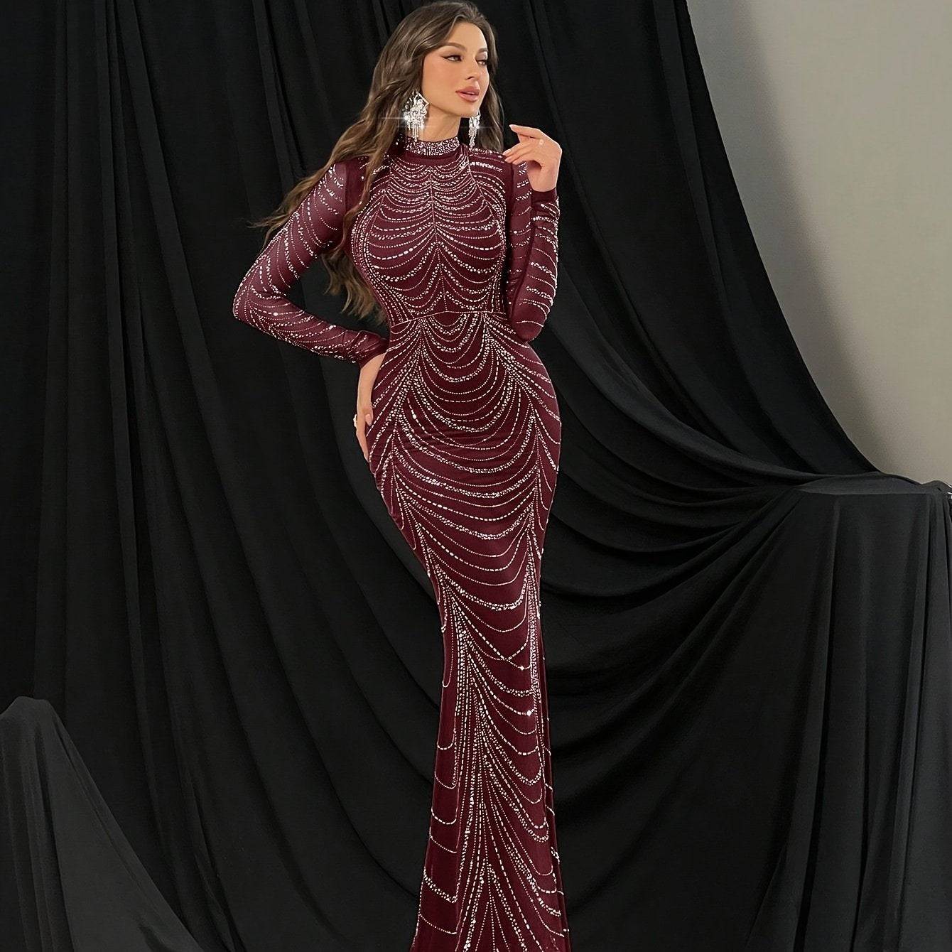 Women's Black Rhinestone Dress – Stand-Up Collar & Long Sleeves for Elegant Style