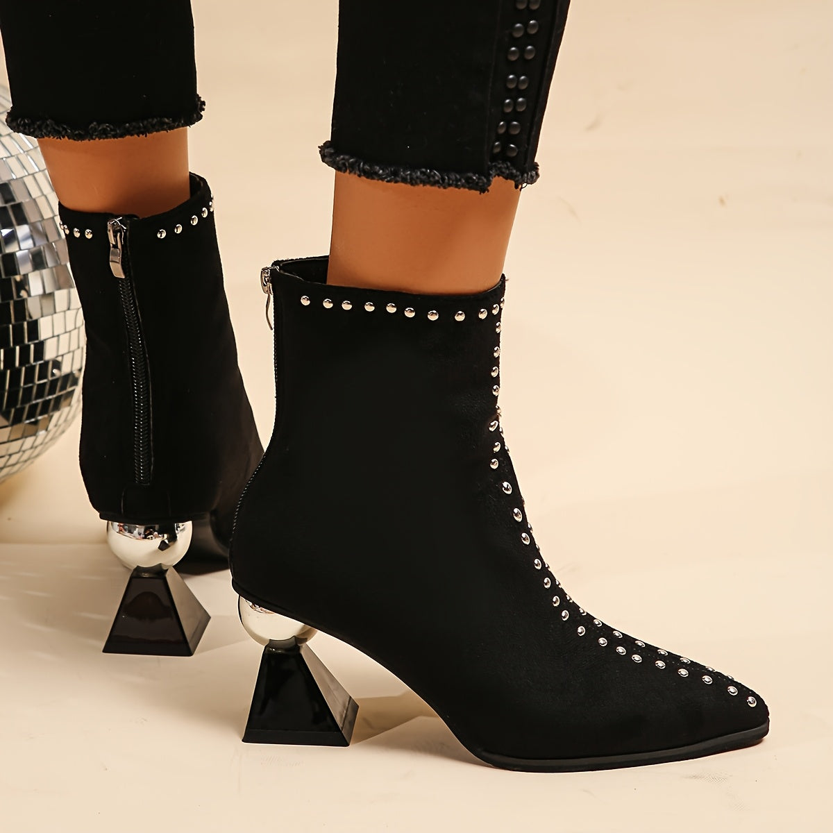 VougeVamp Women's Black Ankle Boots – Chunky Heel Pointed Toe Booties with Studded Detail & Side Zipper - VougeVampUK