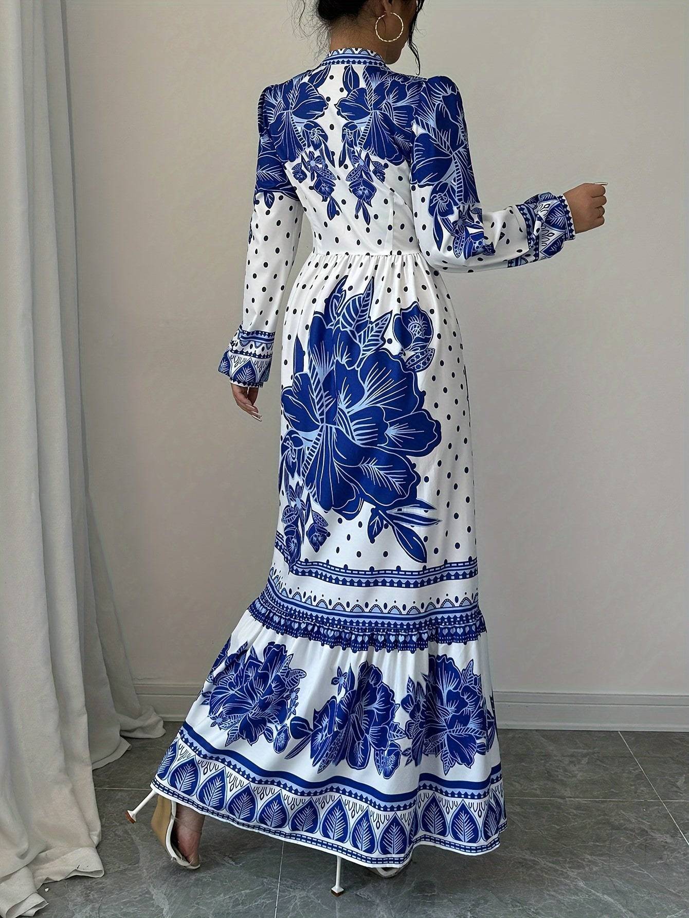 French Court Style Floral Dress for Women – Stand Collar, Polyester-Elastane Blend