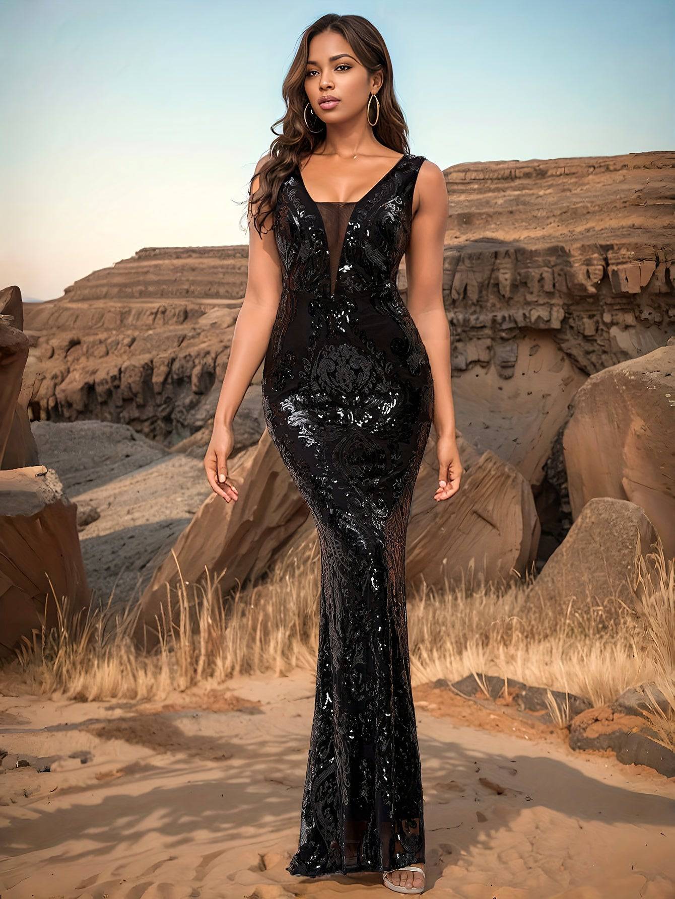 Elegant Black Sequin Mermaid Dress – V-Neck, Sleeveless Bodycon Gown with Geometric Pattern - VougeVampUK