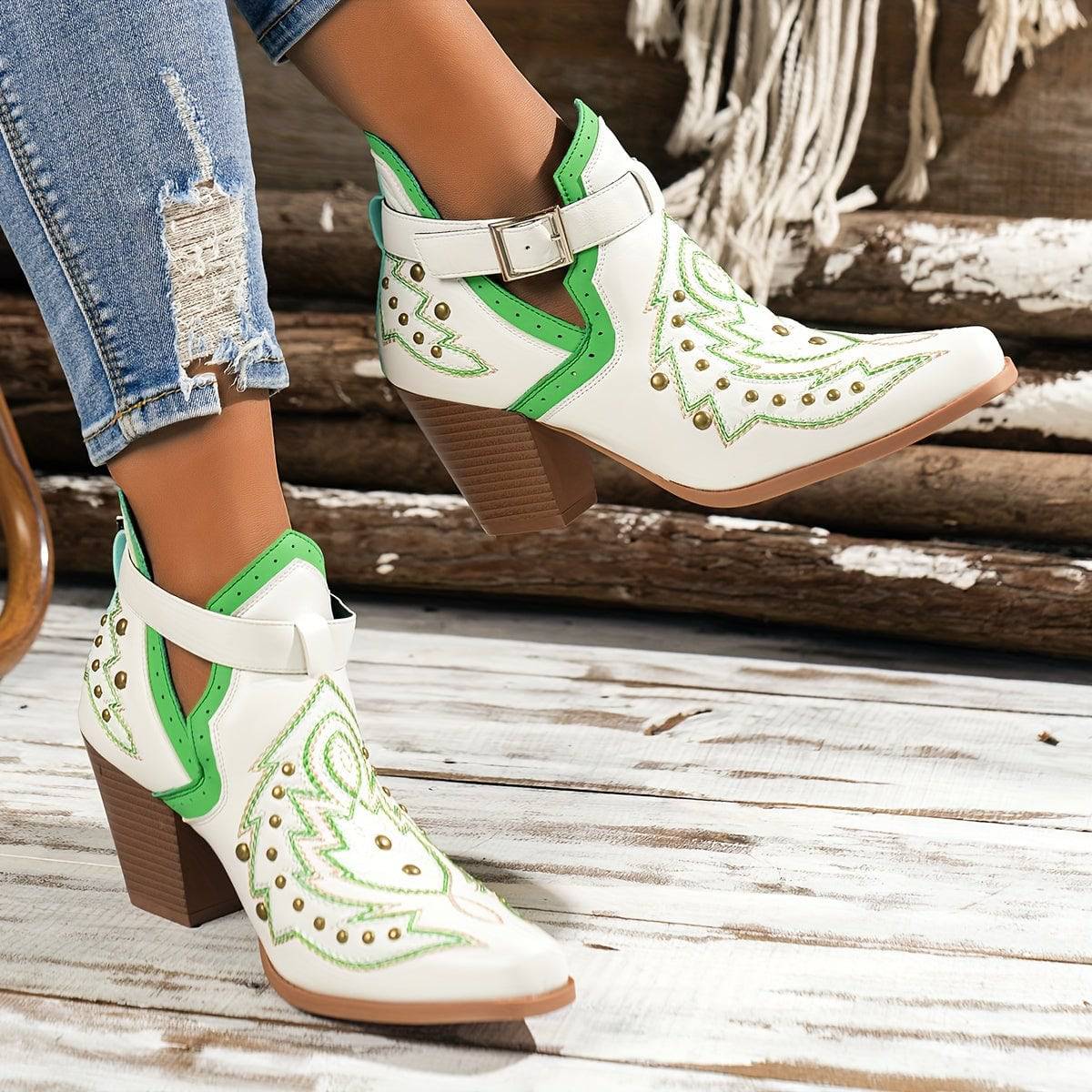 VougeVamp Women's Golden Bead Decor Ankle Boots – Chunky Heel Western Boots with Fashion Buckle Strap - VougeVampUK