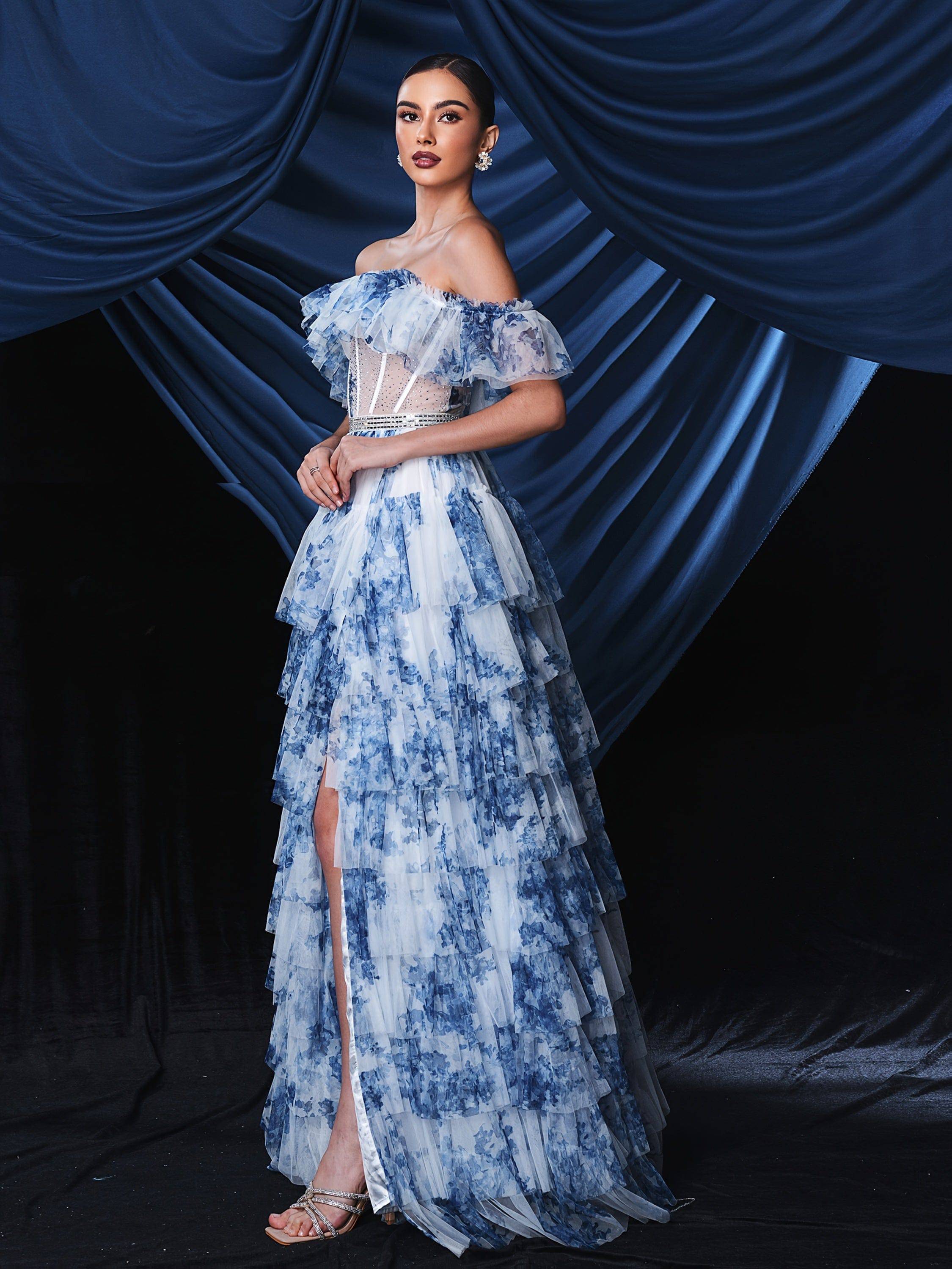 VougeVamp Elegant Off-Shoulder Blue Tulle & White Lace Bridal Gown with High Slit – Floor-Length Wedding Dress - VougeVampUK