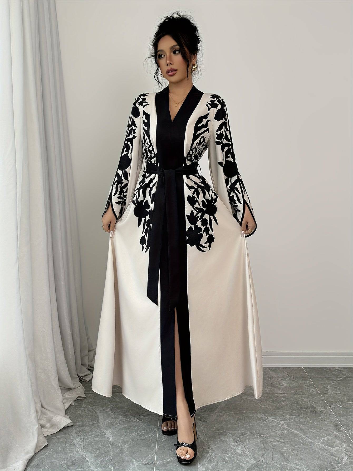 Elegant Fall Women's Printed Peplum Dress – Casual V-Neck Floral Long Dress, Polyester-Elastane Blend