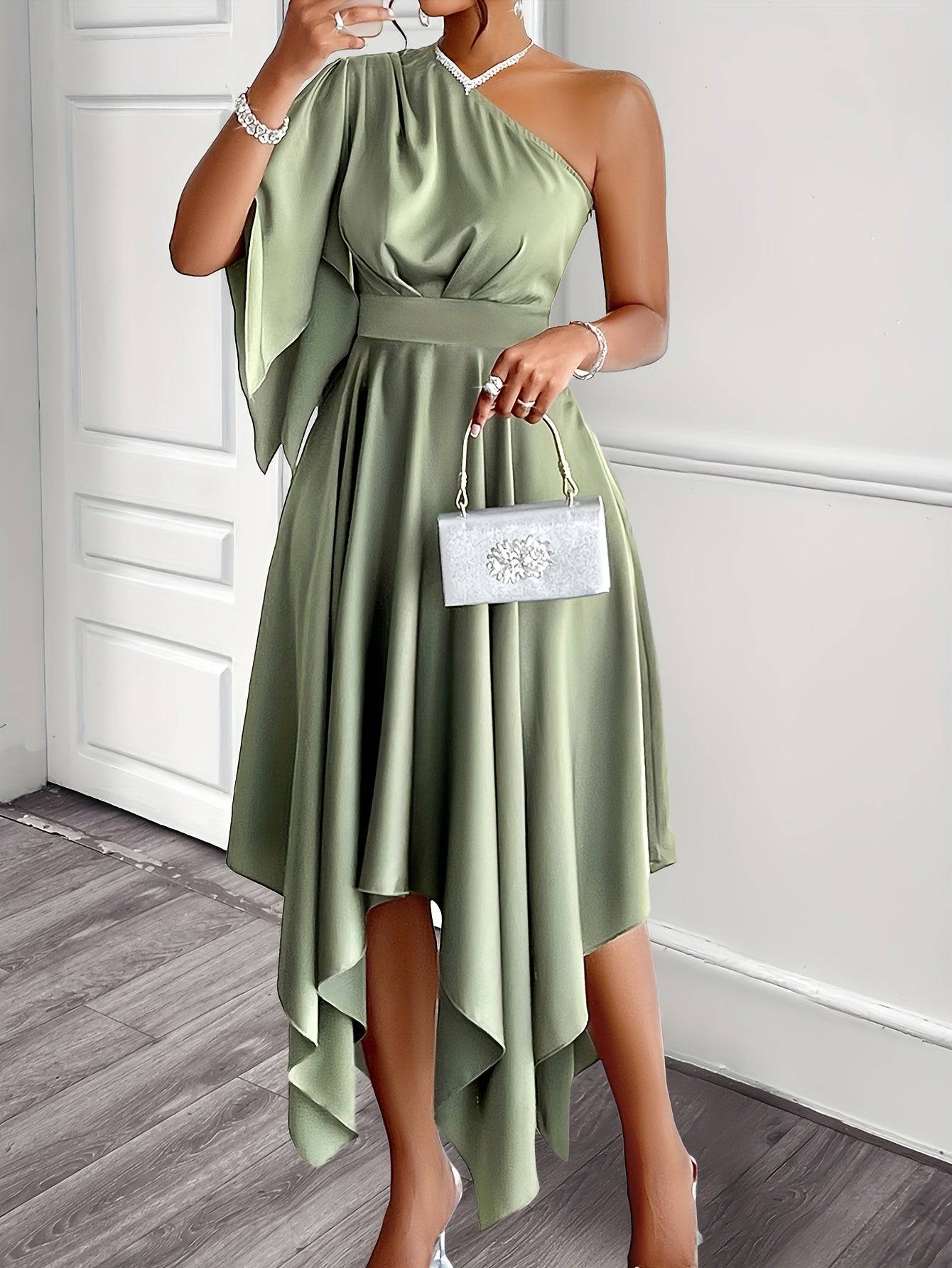 VougeVamp Mint Green Satin Maxi Dress – One-Shoulder A-Line Gown with Ruffle Sleeves & Tie Waist