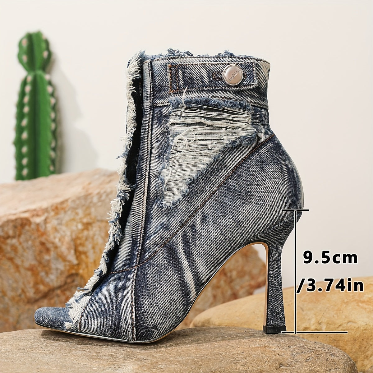 VougeVamp High Stiletto Heel Denim Ankle Boots – Vintage-Inspired Square Toe Western Booties with Buckle Closure - VougeVampUK
