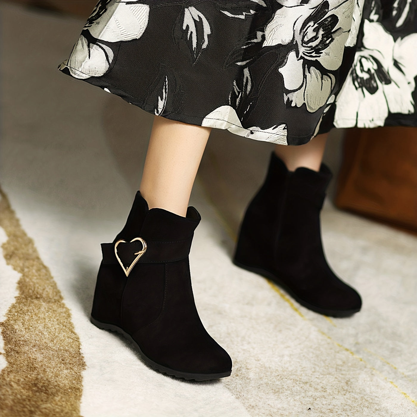 VougeVamp Stylish Wedge Ankle Boots – Heart-Shaped Buckle Strap, Comfortable & Breathable Slip-On Design - VougeVampUK