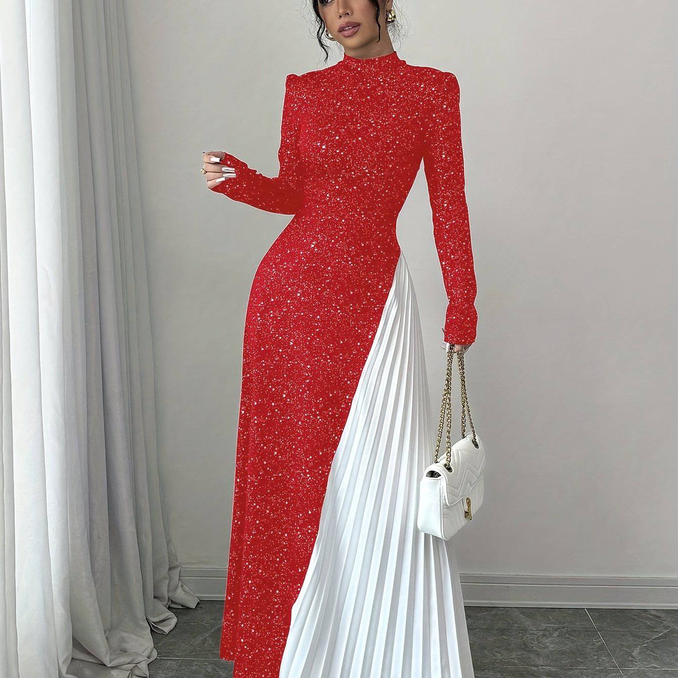 VougeVamp Elegant Red Starry Sky Maxi Dress – Long Sleeve Pleated Gown for Parties & Evening Events