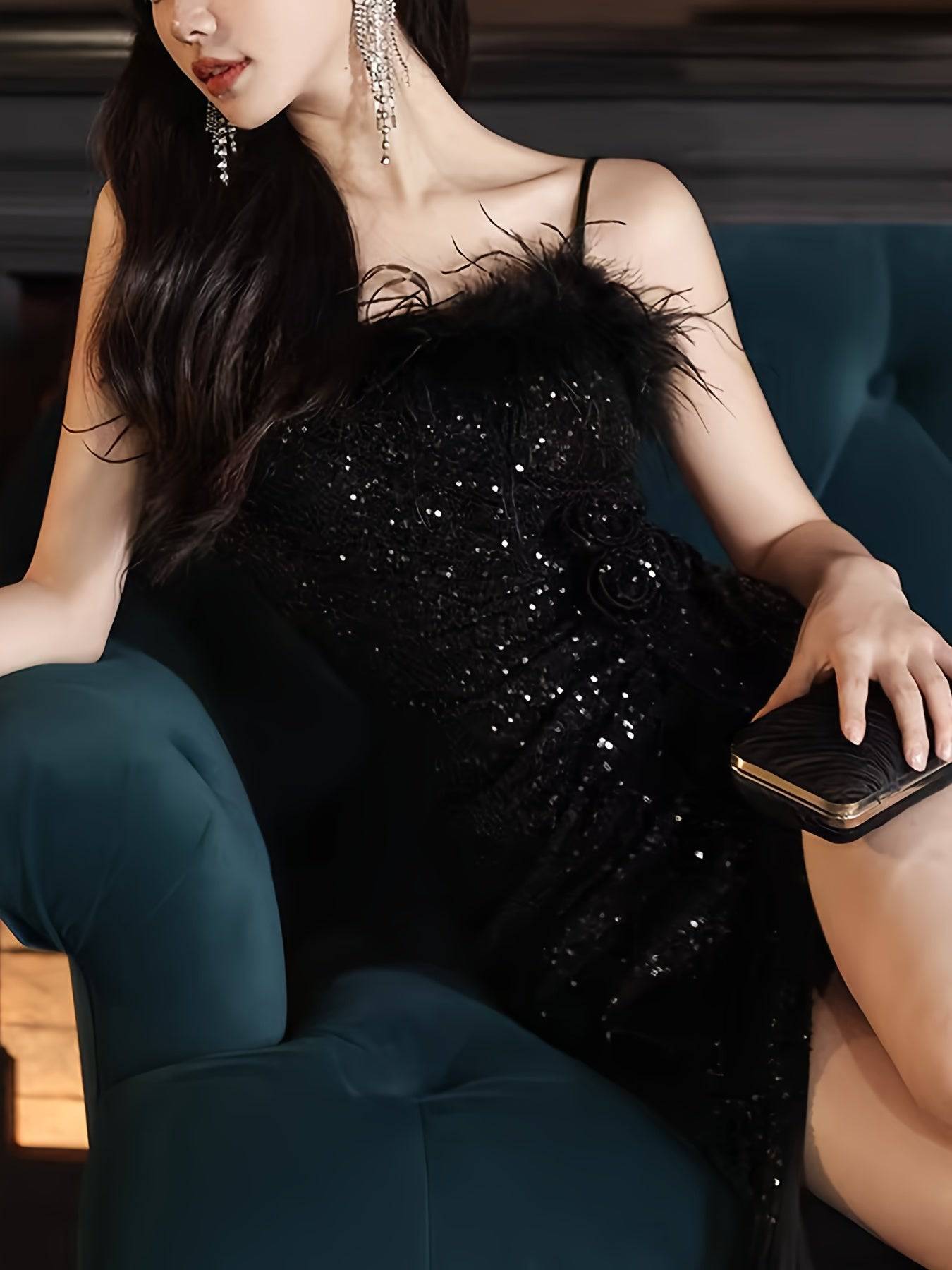 VougeVamp Luxurious Off-Shoulder Black Sequin Evening Gown with Belt & Side Slit – High-End Fashion for Parties & Banquets - VougeVampUK