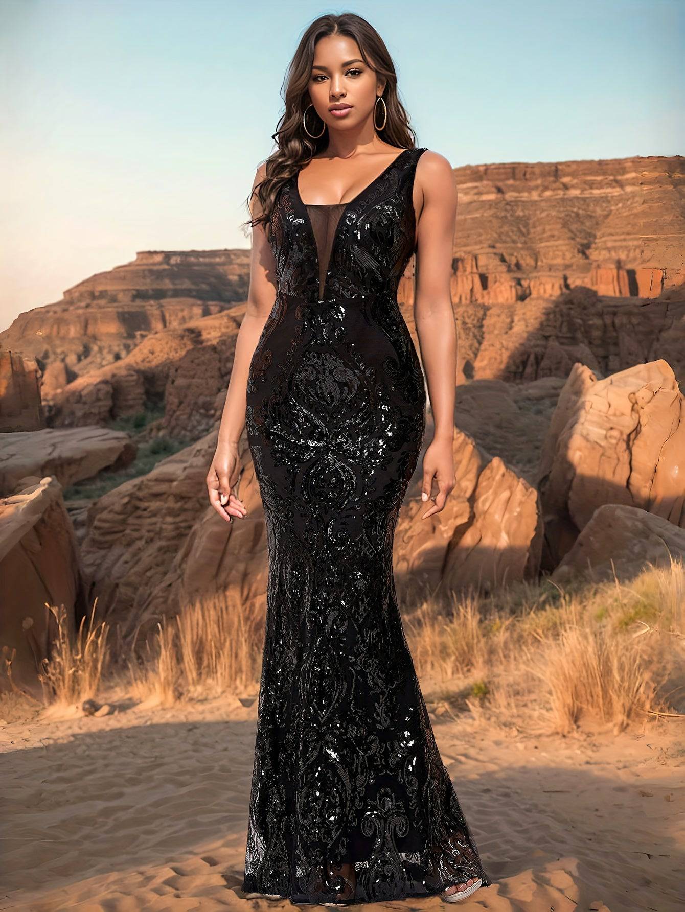 Elegant Black Sequin Mermaid Dress – V-Neck, Sleeveless Bodycon Gown with Geometric Pattern - VougeVampUK