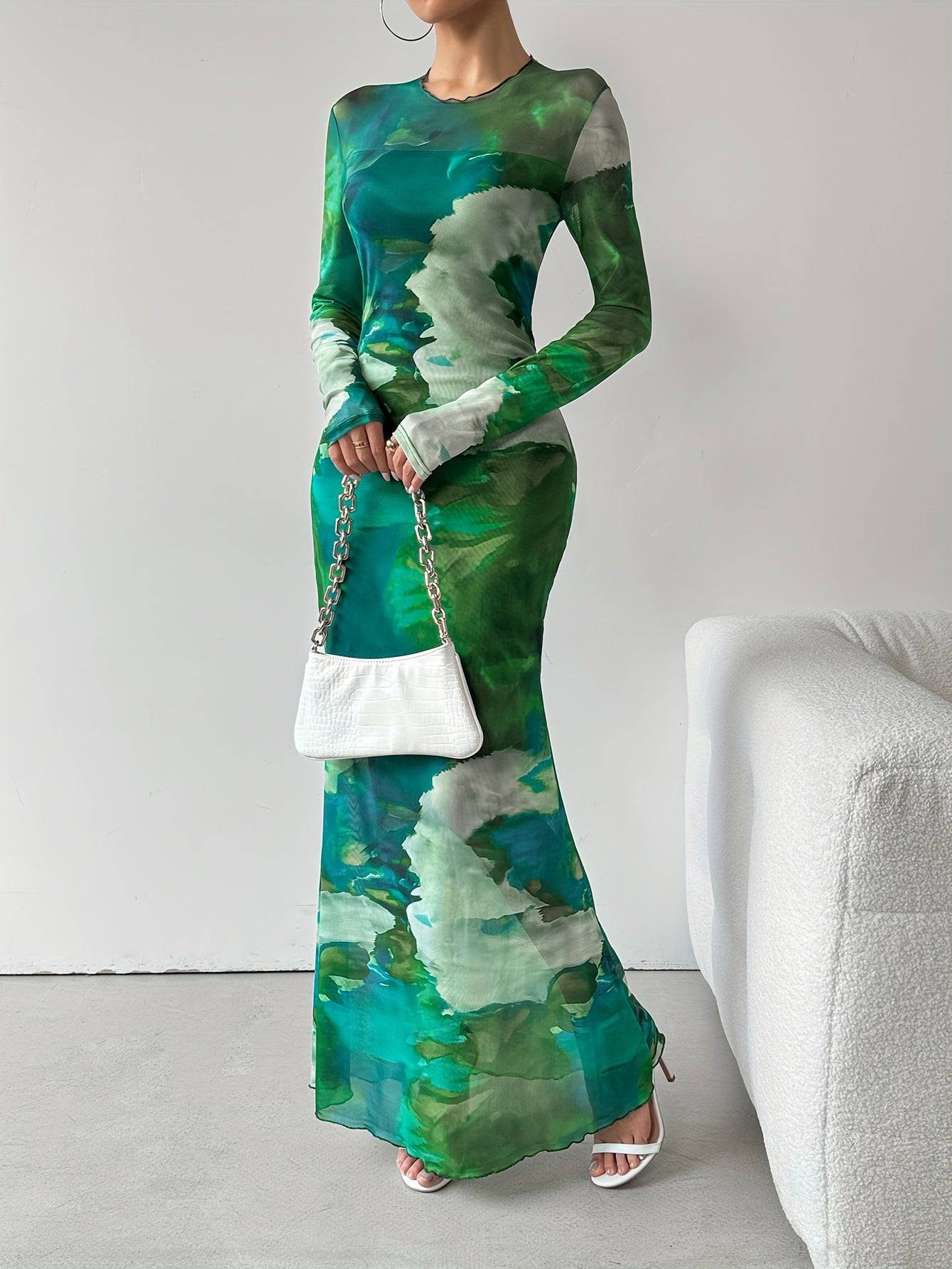 VougeVamp Vibrant Tie-Dye Mesh Maxi Dress – Elegant Long Sleeve Slim Fit Dress for Spring & Fall