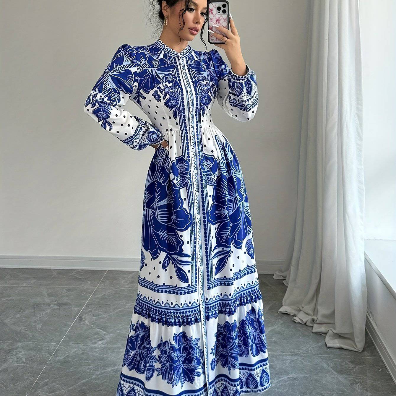 French Court Style Floral Dress for Women – Stand Collar, Polyester-Elastane Blend