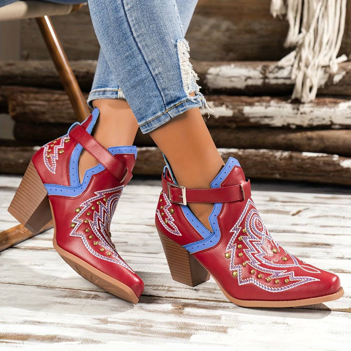 VougeVamp Women's Golden Bead Decor Ankle Boots – Chunky Heel Western Boots with Fashion Buckle Strap - VougeVampUK