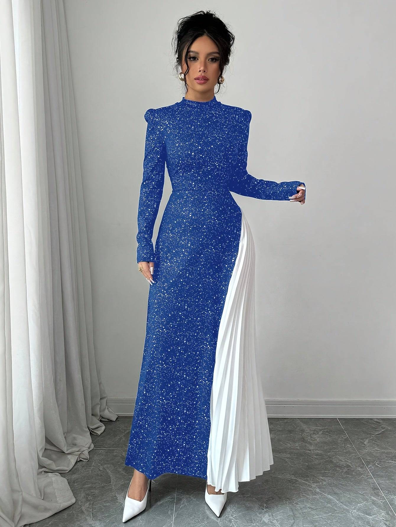 VougeVamp Elegant Red Starry Sky Maxi Dress – Long Sleeve Pleated Gown for Parties & Evening Events