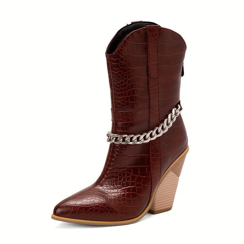 VougeVamp Trendy Crocodile Print Mid-Calf Boots – Chunky Stacked Heel, Pointed Toe & Chain Detail - VougeVampUK