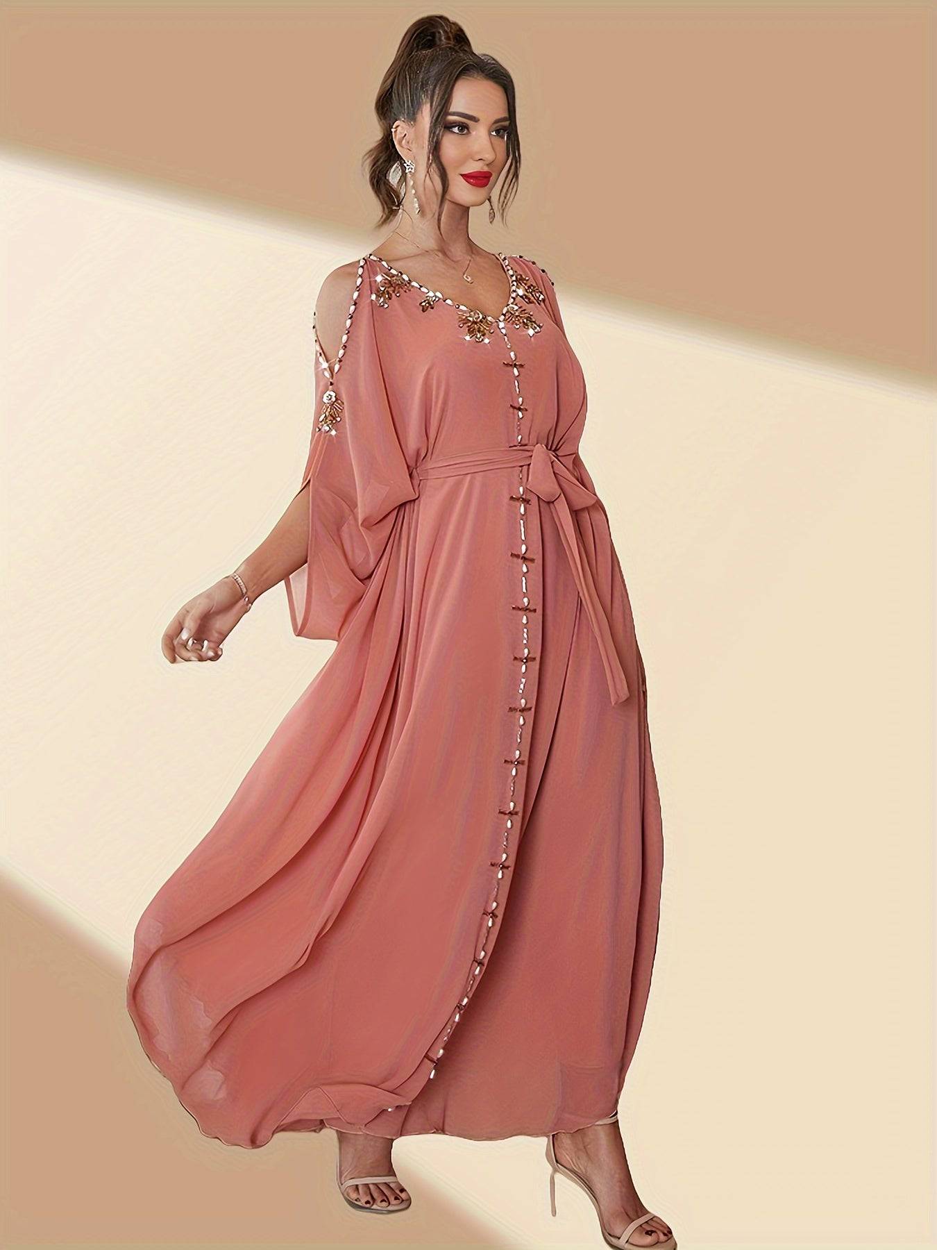 VougeVamp Elegant Off-Shoulder Maxi Dress with Handcrafted Pearl Embellishments and Flounce Sleeves