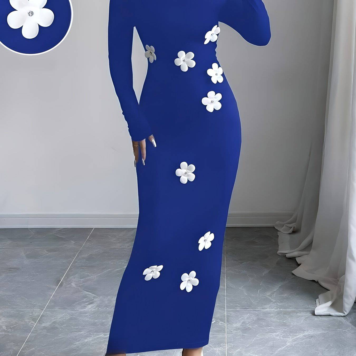 VougeVamp Elegant Floral High Neck Bodycon Dress – Fall & Winter Slim Fit Knit Dress for Women - VougeVampUK