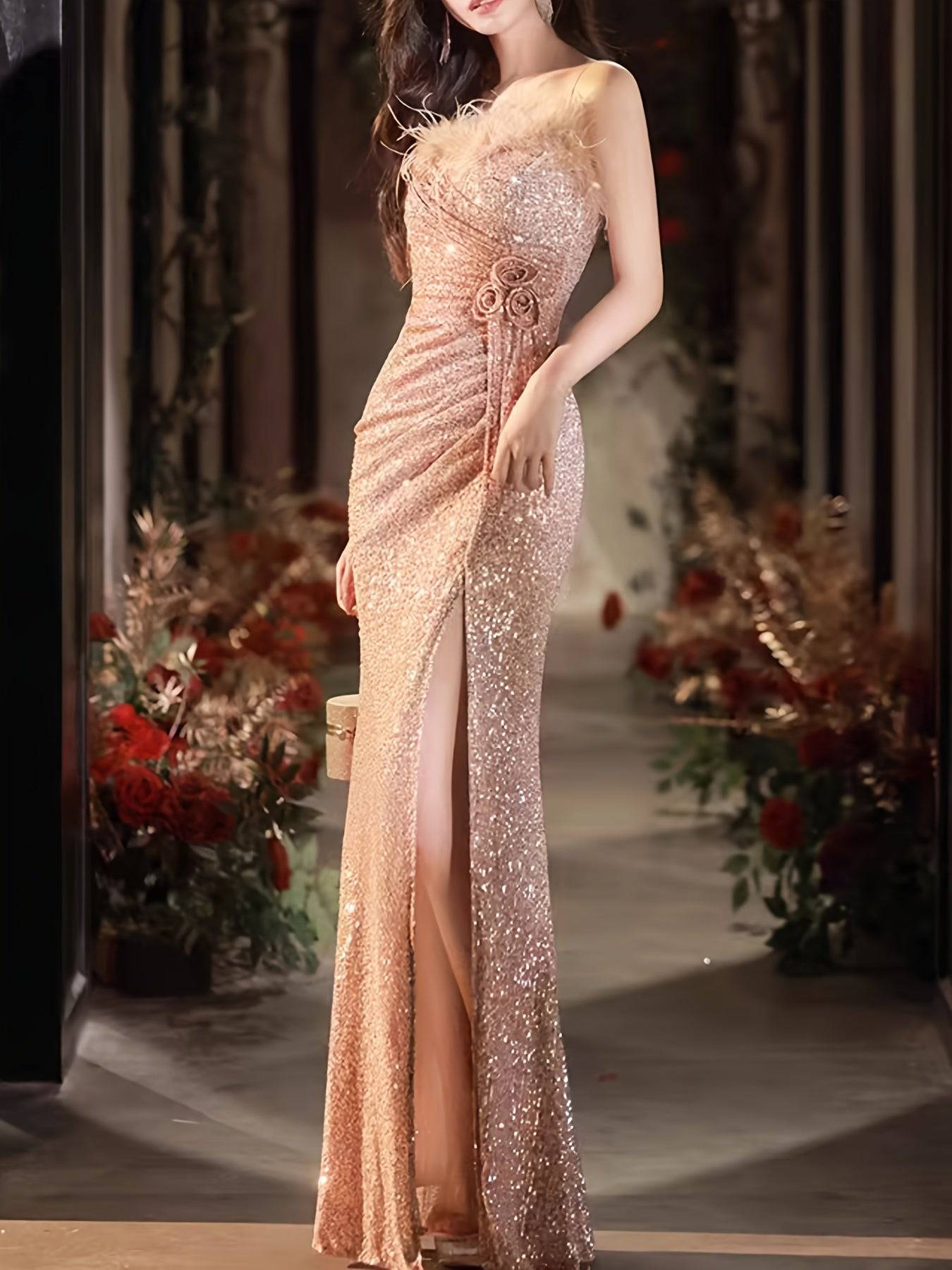 VougeVamp Luxurious Off-Shoulder Black Sequin Evening Gown with Belt & Side Slit – High-End Fashion for Parties & Banquets - VougeVampUK