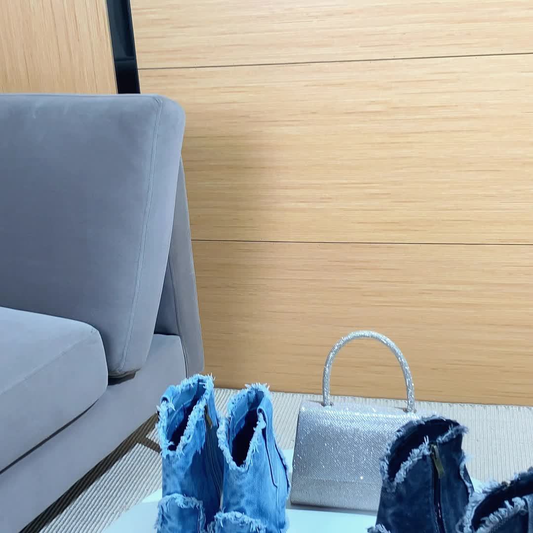 VougeVamp Women's Denim Chunky Heel Cowboy Boots – Raw Trim Pointed Toe Western Ankle Booties - VougeVampUK