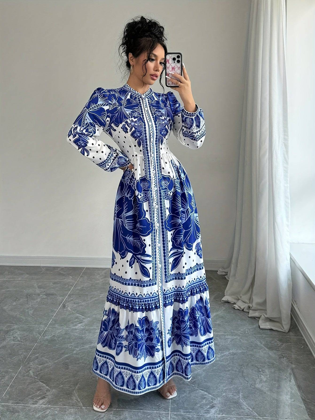 French Court Style Floral Dress for Women – Stand Collar, Polyester-Elastane Blend