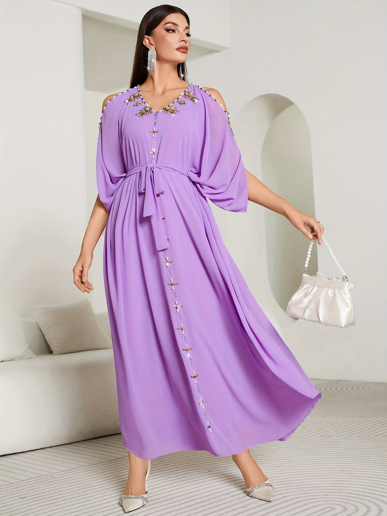 VougeVamp Elegant Off-Shoulder Maxi Dress with Handcrafted Pearl Embellishments and Flounce Sleeves