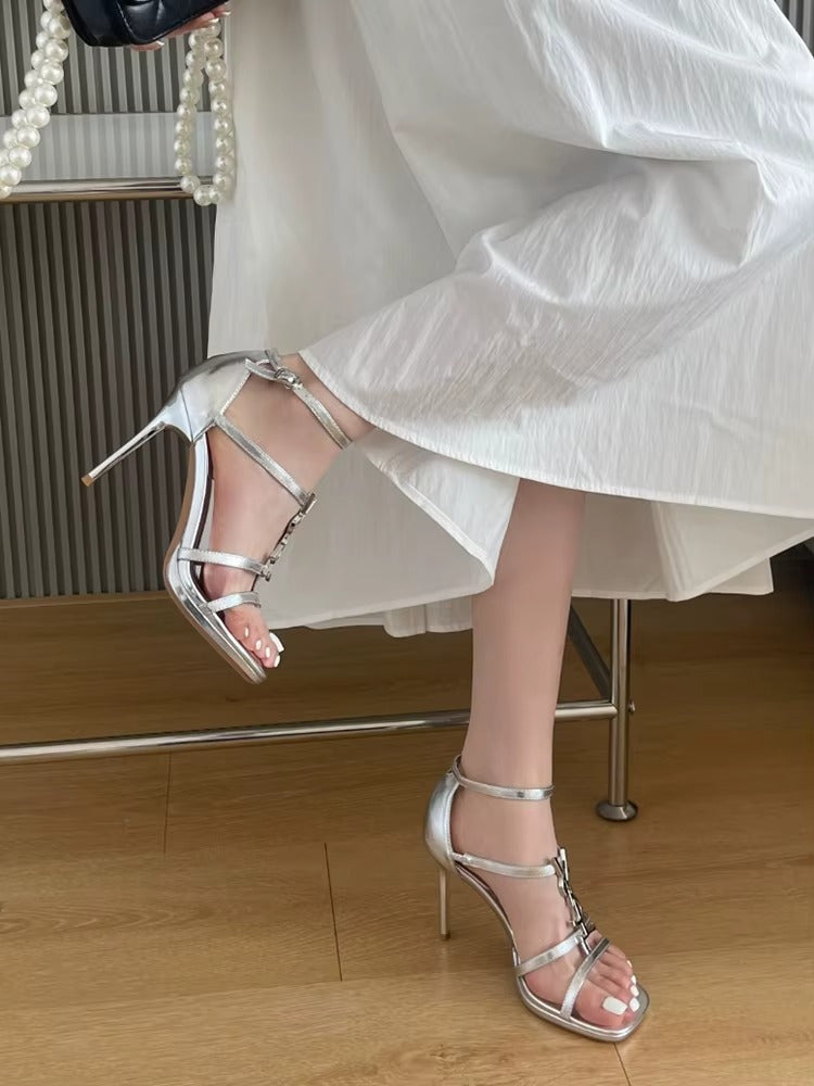 VougeVamp Silver Wrap Strap Slip-On High Heels Sandals - VougeVampUK