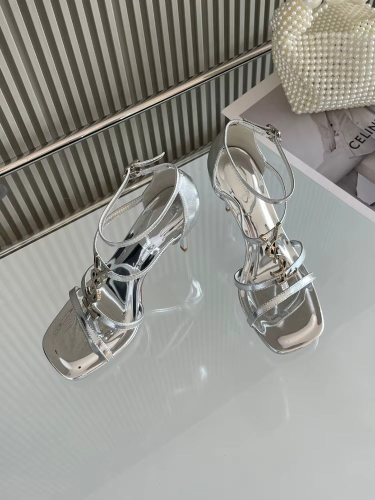 VougeVamp Silver Wrap Strap Slip-On High Heels Sandals - VougeVampUK