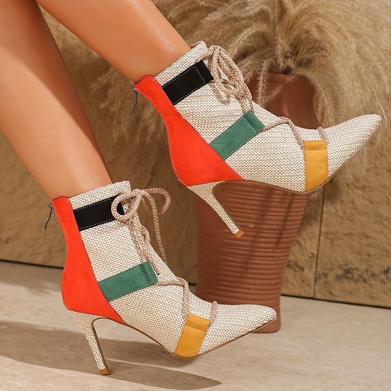 VougeVamp Colorblock Ankle Booties – Pointed Toe Stiletto Heel with Lace-Up Detail - VougeVampUK