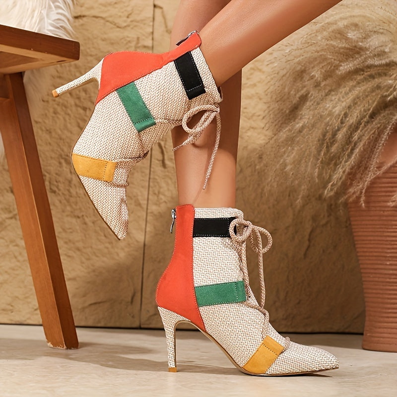VougeVamp Colorblock Ankle Booties – Pointed Toe Stiletto Heel with Lace-Up Detail - VougeVampUK