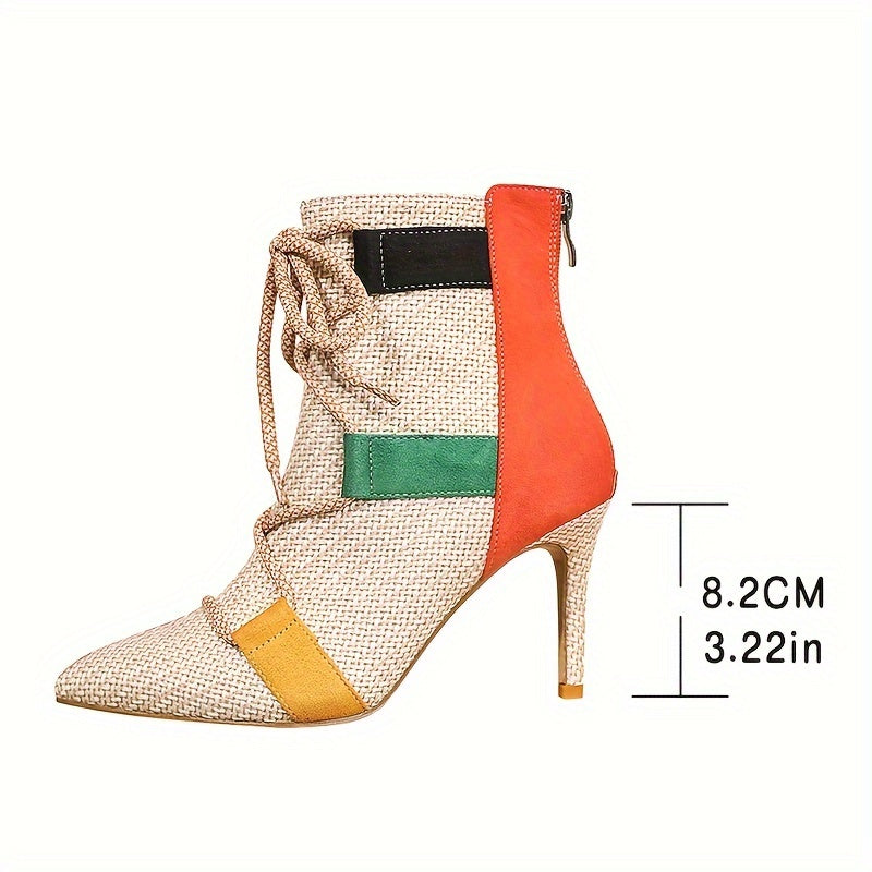 VougeVamp Colorblock Ankle Booties – Pointed Toe Stiletto Heel with Lace-Up Detail - VougeVampUK
