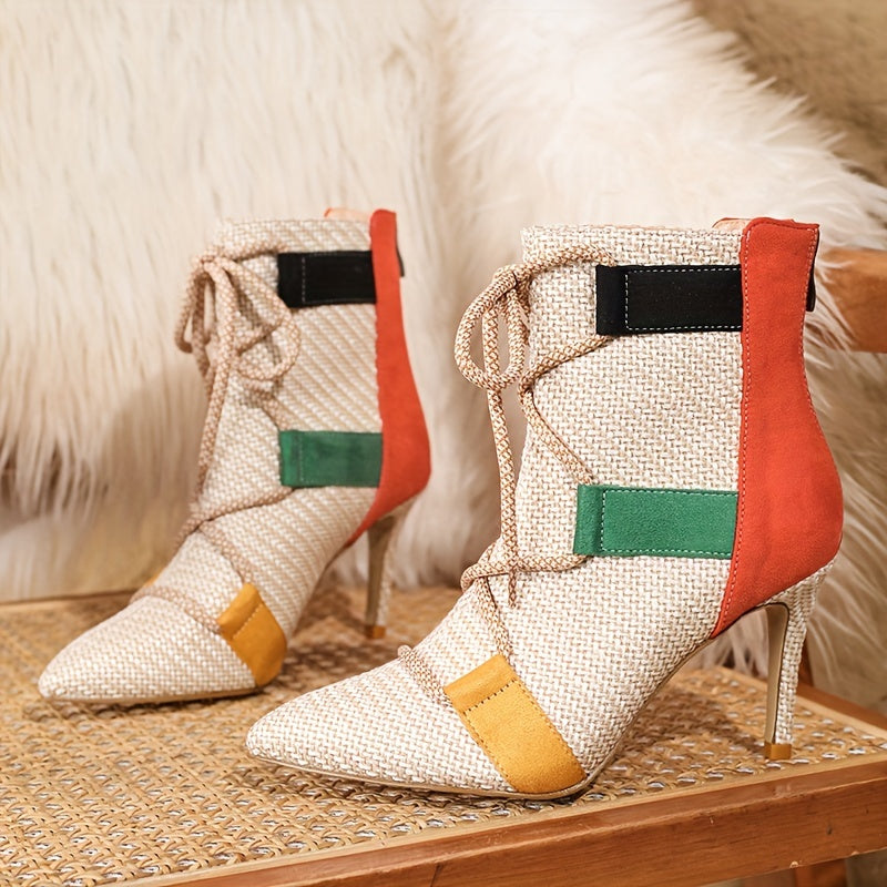 VougeVamp Colorblock Ankle Booties – Pointed Toe Stiletto Heel with Lace-Up Detail - VougeVampUK
