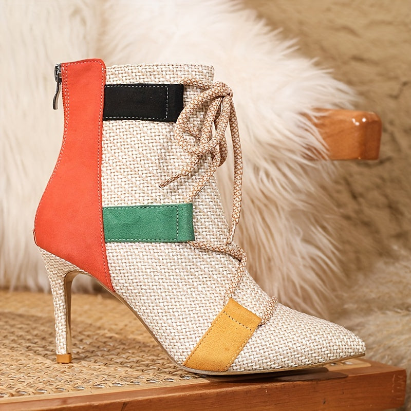 VougeVamp Colorblock Ankle Booties – Pointed Toe Stiletto Heel with Lace-Up Detail - VougeVampUK