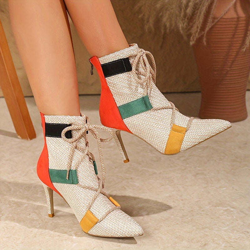 VougeVamp Colorblock Ankle Booties – Pointed Toe Stiletto Heel with Lace-Up Detail - VougeVampUK