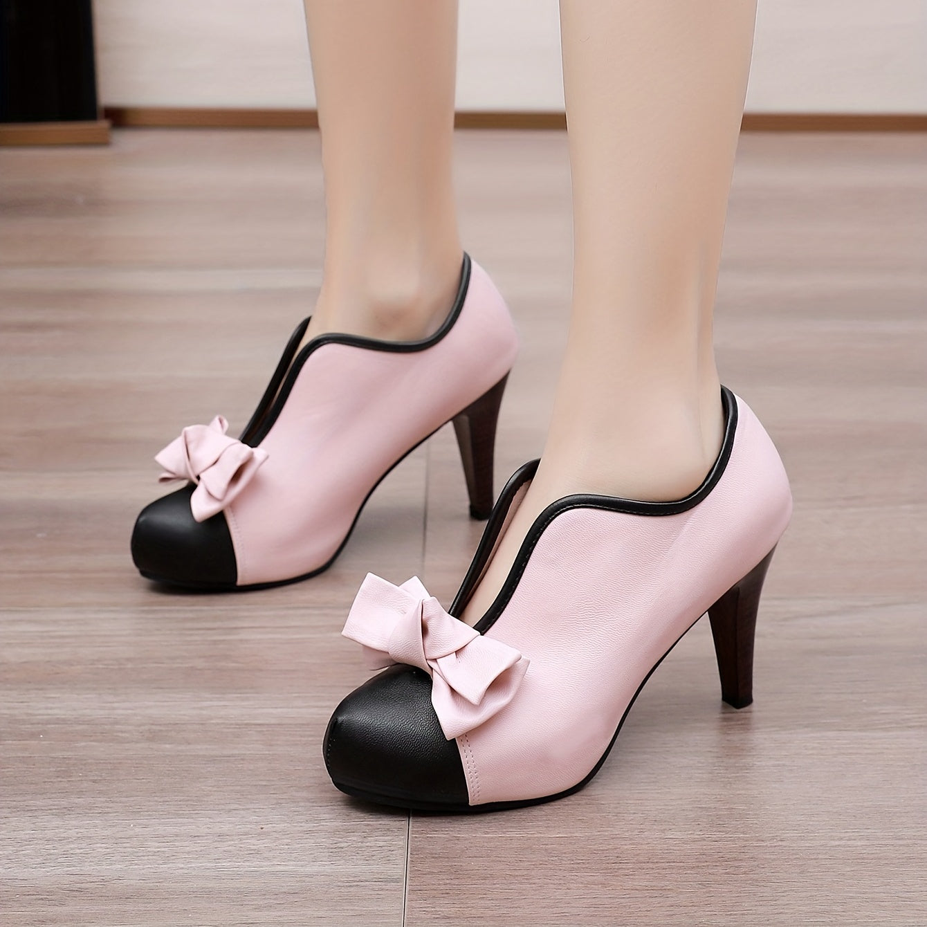 VougeVamp Women's Bowknot Colorblock Platform High Heels – Fashionable V-Cut Slip-On Stiletto Dress Pumps - VougeVampUK