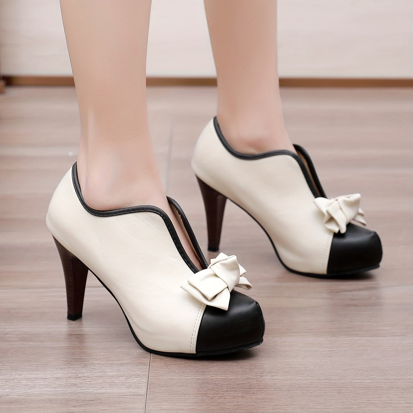 VougeVamp Women's Bowknot Colorblock Platform High Heels – Fashionable V-Cut Slip-On Stiletto Dress Pumps - VougeVampUK