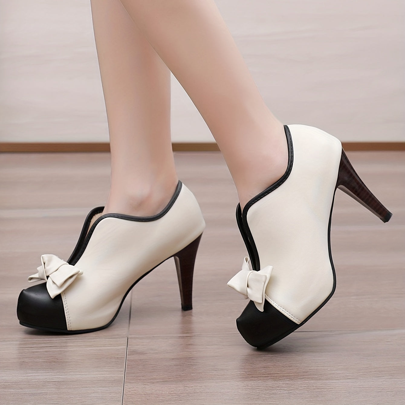 VougeVamp Women's Bowknot Colorblock Platform High Heels – Fashionable V-Cut Slip-On Stiletto Dress Pumps - VougeVampUK