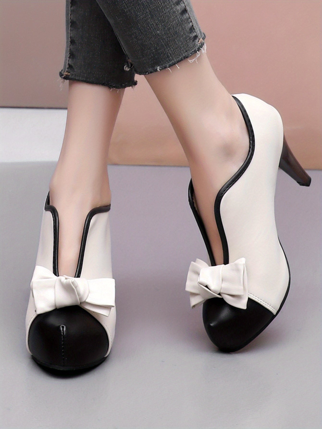 VougeVamp Women's Bowknot Colorblock Platform High Heels – Fashionable V-Cut Slip-On Stiletto Dress Pumps - VougeVampUK