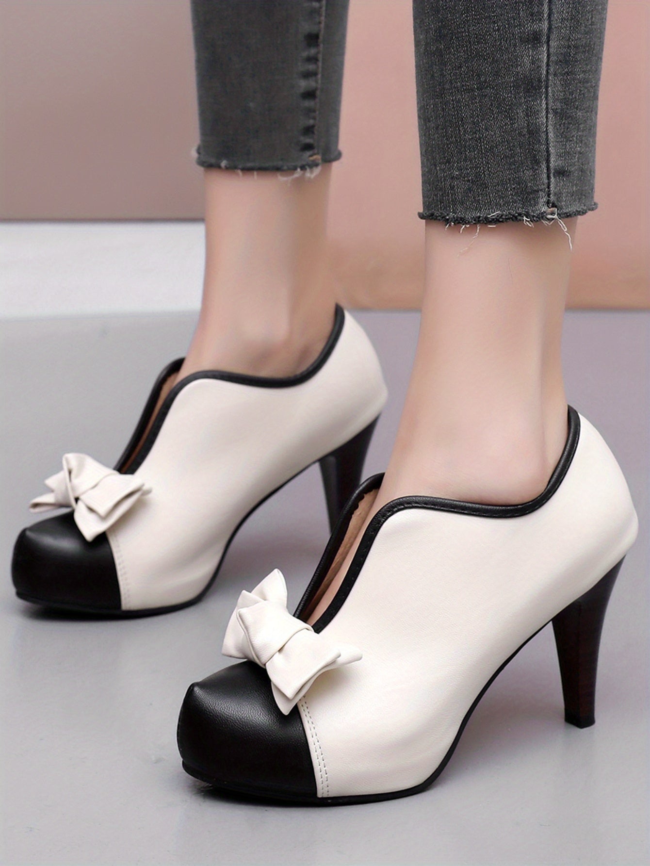 VougeVamp Women's Bowknot Colorblock Platform High Heels – Fashionable V-Cut Slip-On Stiletto Dress Pumps - VougeVampUK