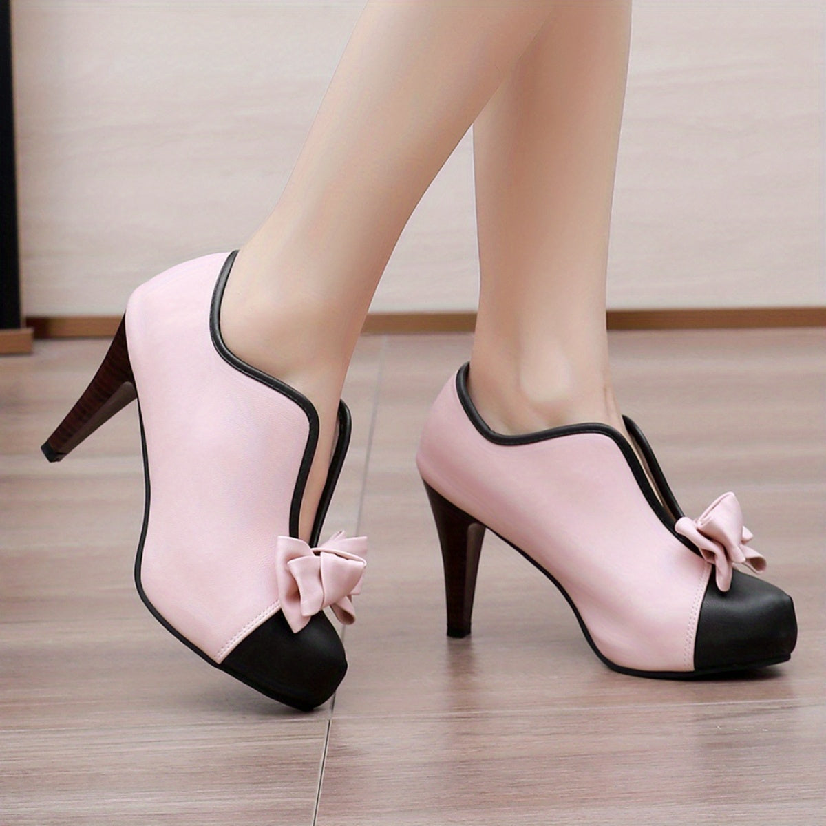 VougeVamp Women's Bowknot Colorblock Platform High Heels – Fashionable V-Cut Slip-On Stiletto Dress Pumps - VougeVampUK