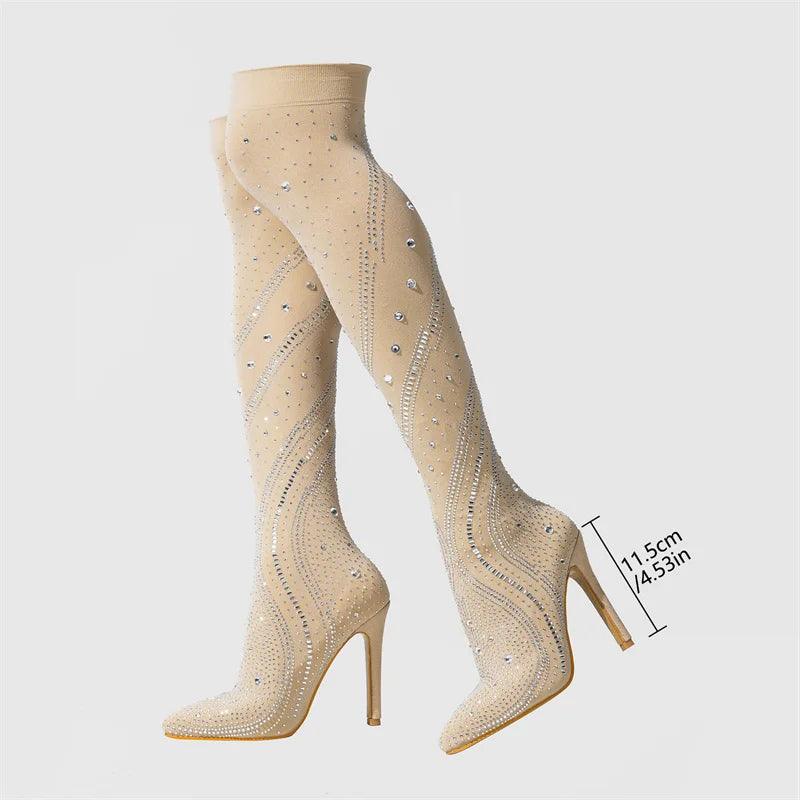 VougeVamp Crystal Rhinestone Stretch Thigh-High Boots - Pointed Toe High Heel Pumps for Women