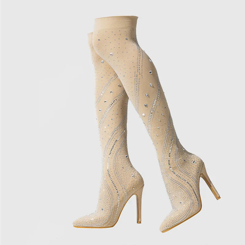 VougeVamp Crystal Rhinestone Stretch Thigh-High Boots - Pointed Toe High Heel Pumps for Women