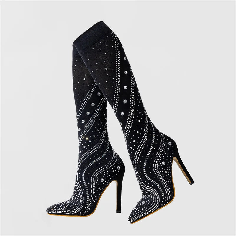 VougeVamp Crystal Rhinestone Stretch Thigh-High Boots - Pointed Toe High Heel Pumps for Women